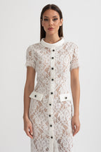 Elegant Short Sleeve Lace Dress With Matching Waist Belt - White