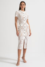 Elegant Short Sleeve Lace Dress With Matching Waist Belt - White