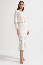Lace Co-Ord With Sparkling Neckline Embellishments And Midi Skirt - White