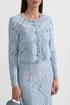 Lace Co-Ord With Sparkling Neckline Embellishments And Midi Skirt - Blue