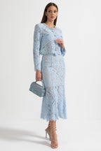Lace Co-Ord With Sparkling Neckline Embellishments And Midi Skirt - Blue