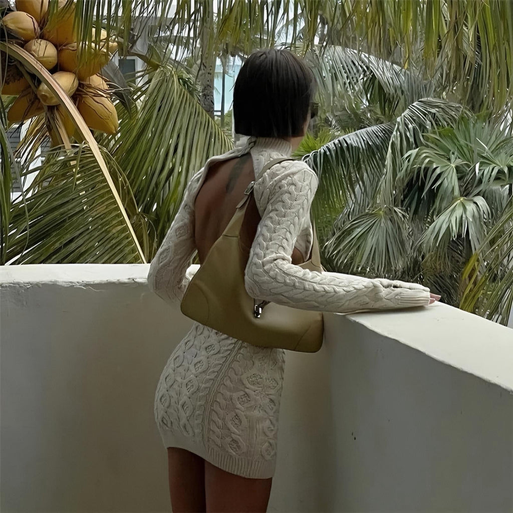 Buttermilk Knitted Long Sleeve Backless Mini Dress
