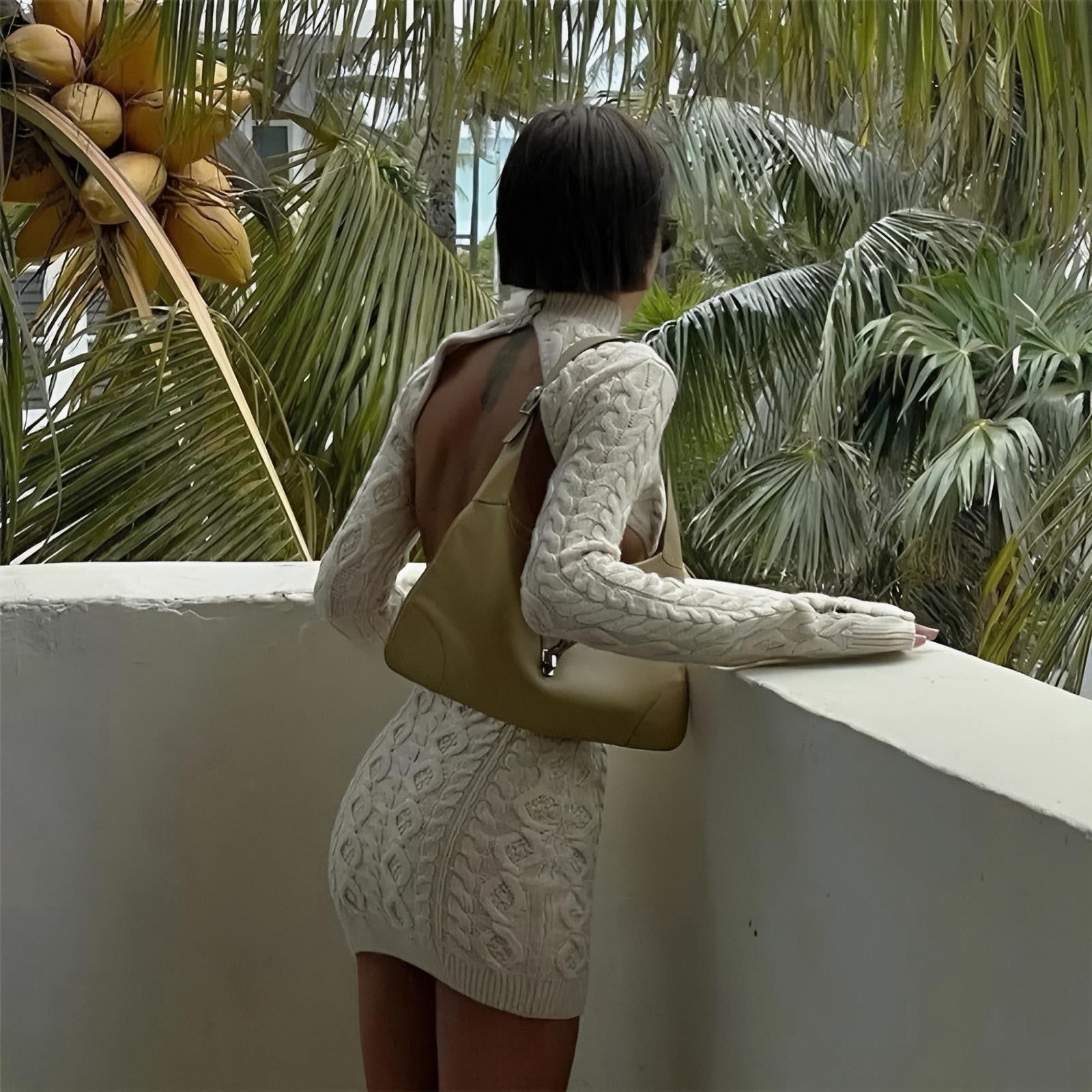 Buttermilk Knitted Long Sleeve Backless Mini Dress