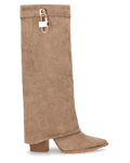 KAARINA - stivale alto in camoscio beige con risvolto