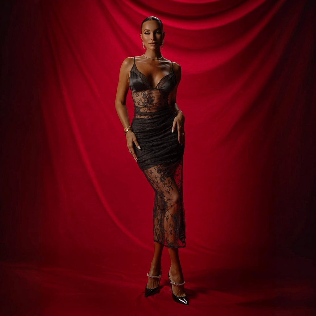 Love Affair Black Lace Midi Dress With Silk Cups