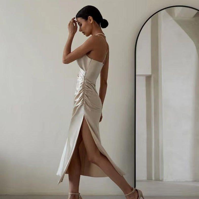 Lovely Lady Champagne Satin Midi Dress