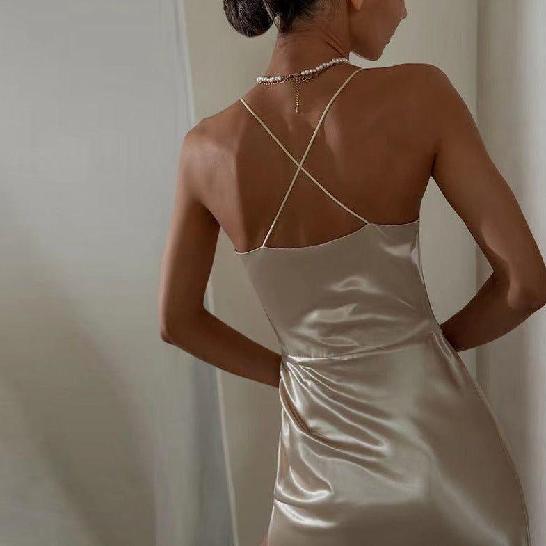 Lovely Lady Champagne Satin Midi Dress