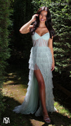 Maple - Light Sage Green Formal Dress | Sheer Corset layered glitter tulle leg slit