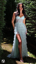Maple - Light Sage Green Formal Dress | Sheer Corset layered glitter tulle leg slit