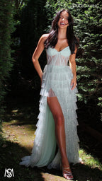 Maple - Light Sage Green Formal Dress | Sheer Corset layered glitter tulle leg slit