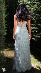 Maple - Light Sage Green Formal Dress | Sheer Corset layered glitter tulle leg slit