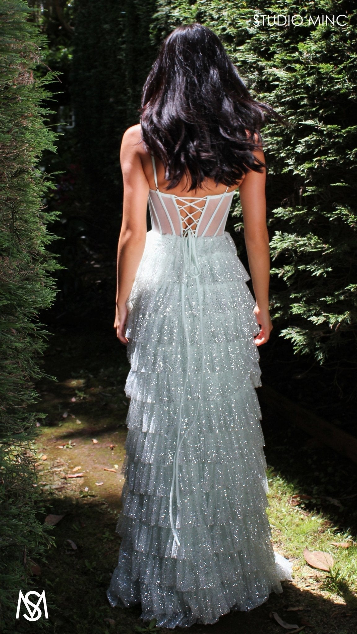 Maple - Light Sage Green Formal Dress | Sheer Corset layered glitter tulle leg slit