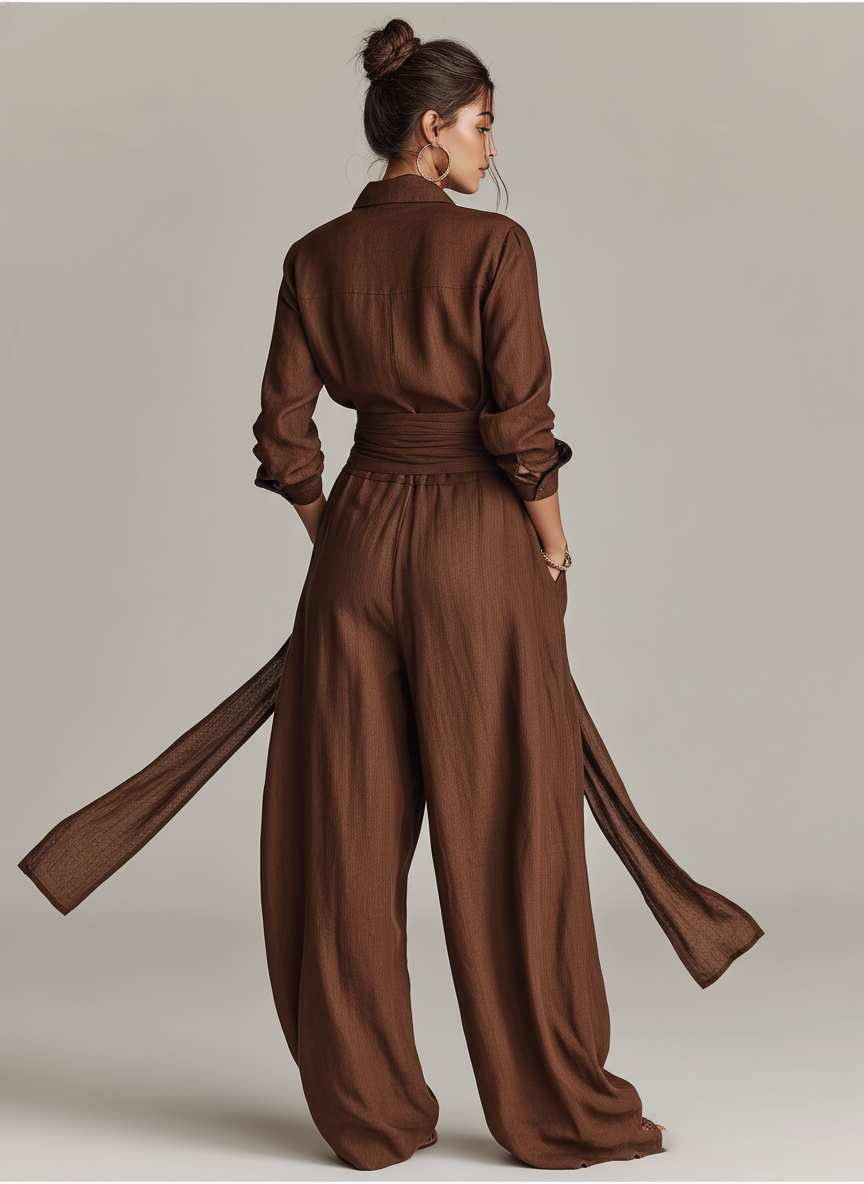 Elegant  Cotton-linen Long-sleeved Shirt Collar Jumpsuit