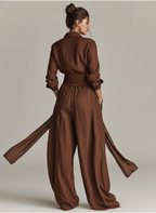 Elegant  Cotton-linen Long-sleeved Shirt Collar Jumpsuit