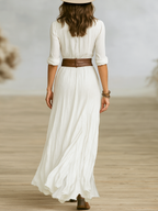 Women's Imitation Cotton And Linen Pleated Lapel Single-breasted Long-sleeved Maxi Dress MDA1968G0Y