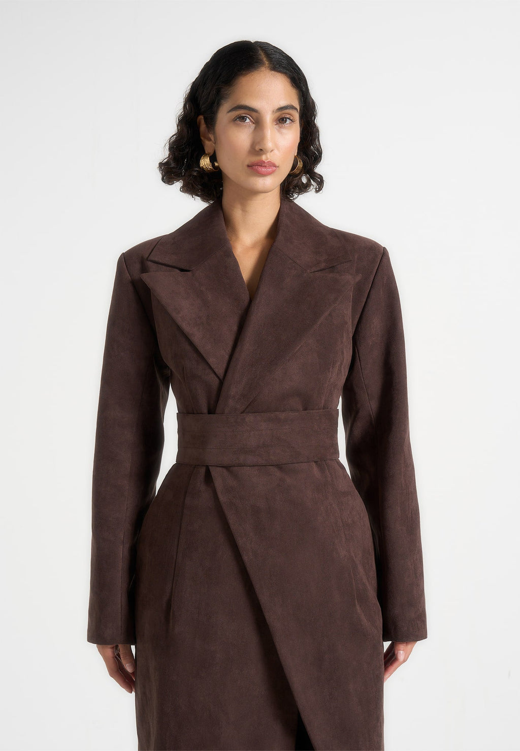 Mesma - Suede Asymmetric Coat with Cinch Belt - Brown