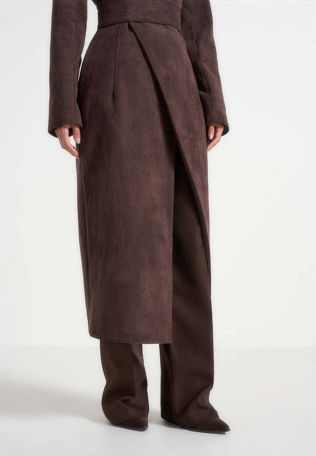Mesma - Suede Asymmetric Coat with Cinch Belt - Brown