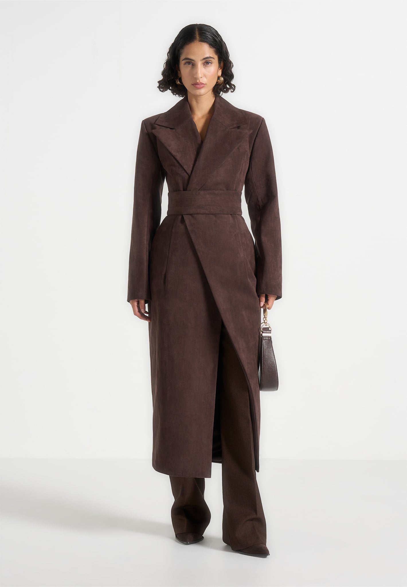 Mesma - Suede Asymmetric Coat with Cinch Belt - Brown