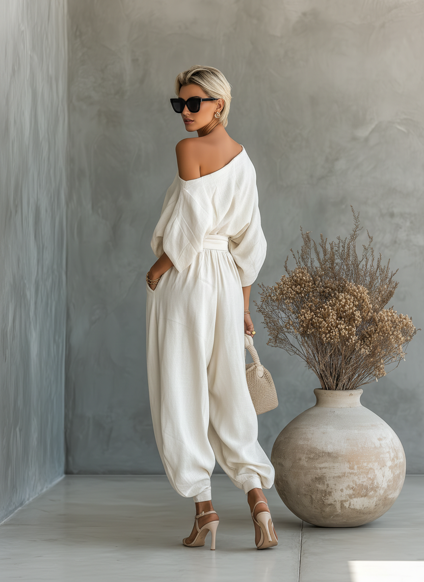 Linen Off-shoulder Casual Top And Tapered Pants Set