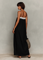 Women's Minimalist Linen-Blend Lace-Paneled Strapless With Spaghetti Straps Maxi Dress MDZ1926C9Y