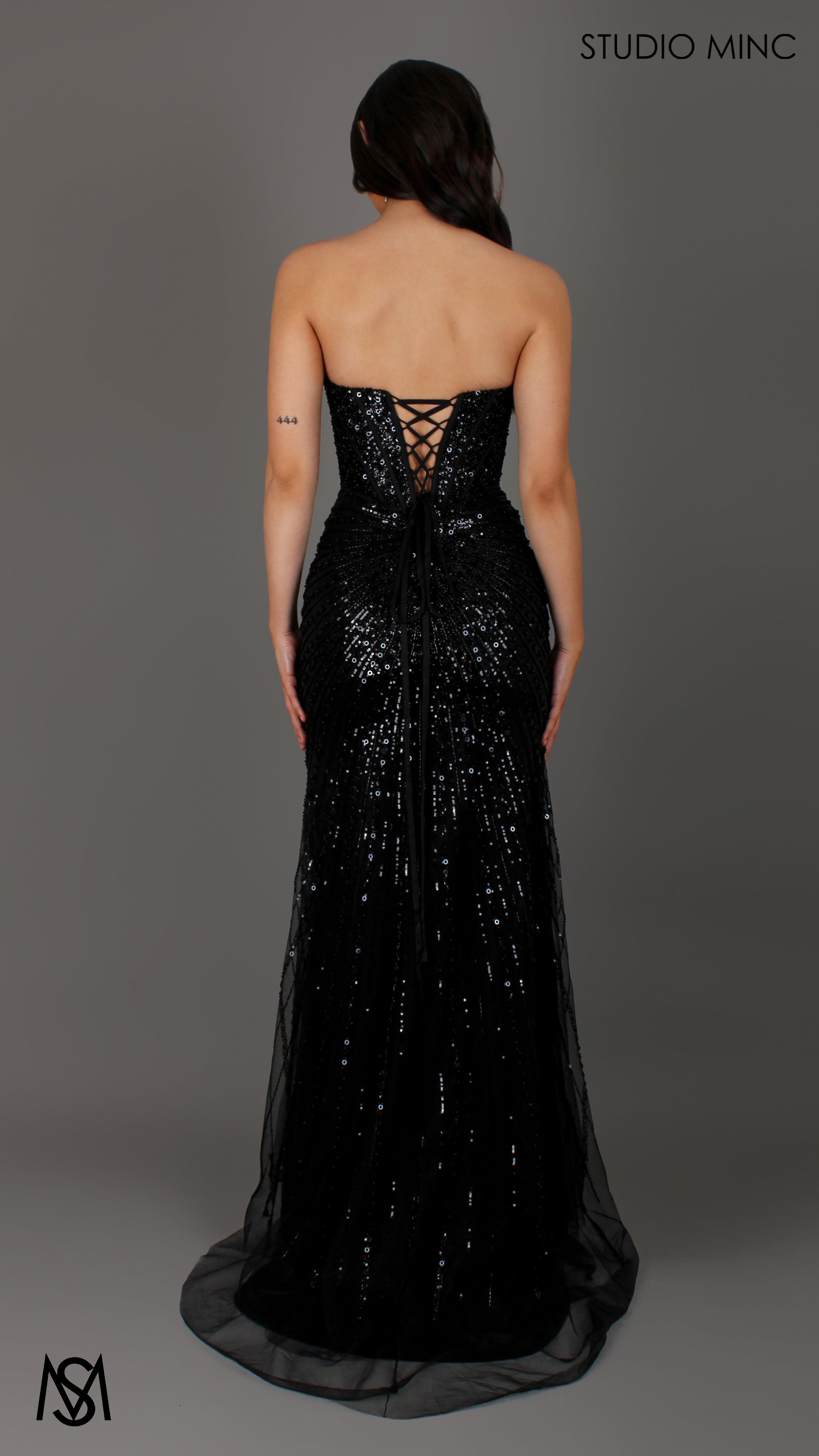 Mirage - Black Formal Dress, Sparkly Strapless embellished Corset, fitted high leg slit