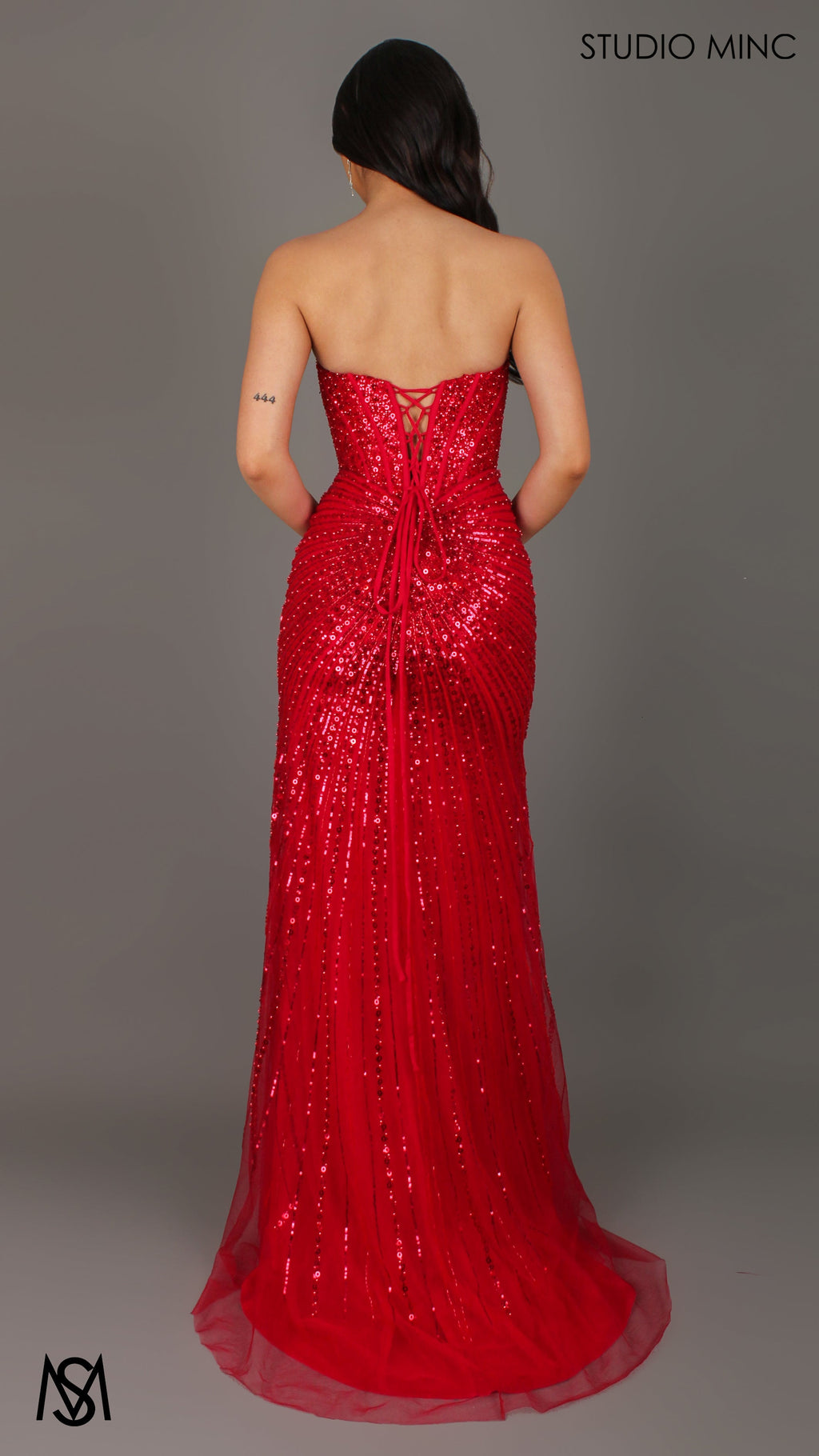 Mirage - Red Formal Dress, Sparkly Strapless embellished Corset, fitted high leg slit