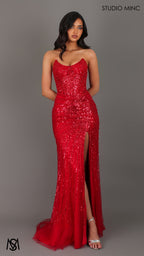 Mirage - Red Formal Dress, Sparkly Strapless embellished Corset, fitted high leg slit
