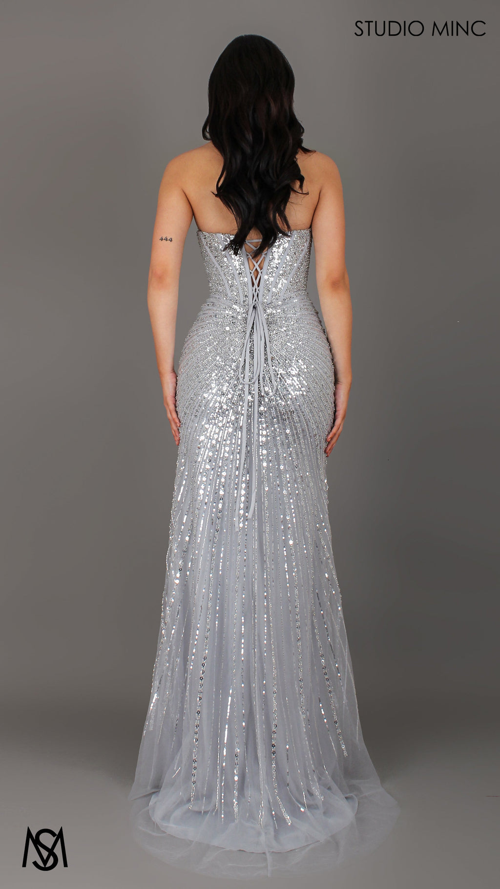 Mirage - Silver Formal Dress, Sparkly Strapless embellished Corset, fitted high leg slit