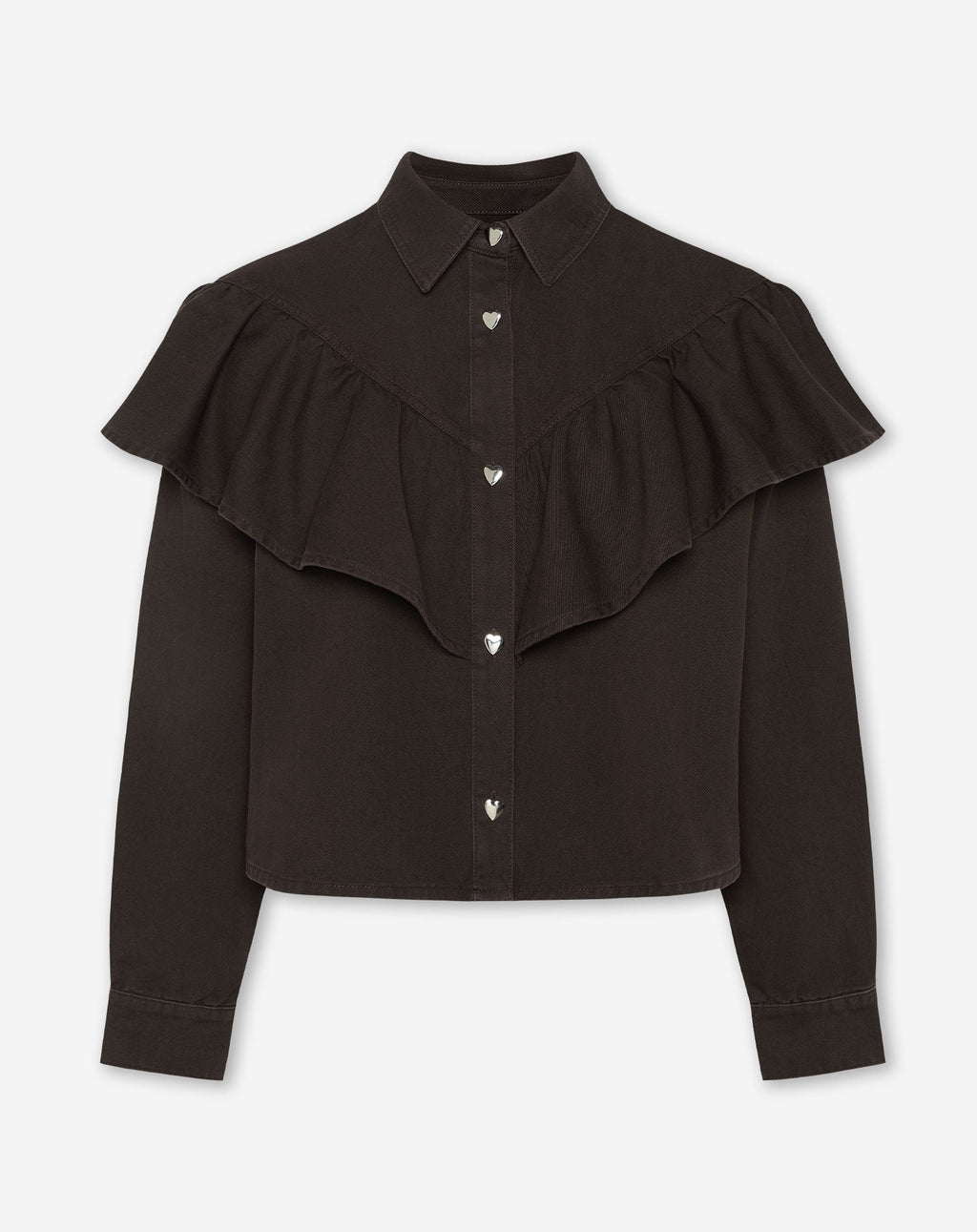 RUFFLE DENIM BLOUSE BROWN