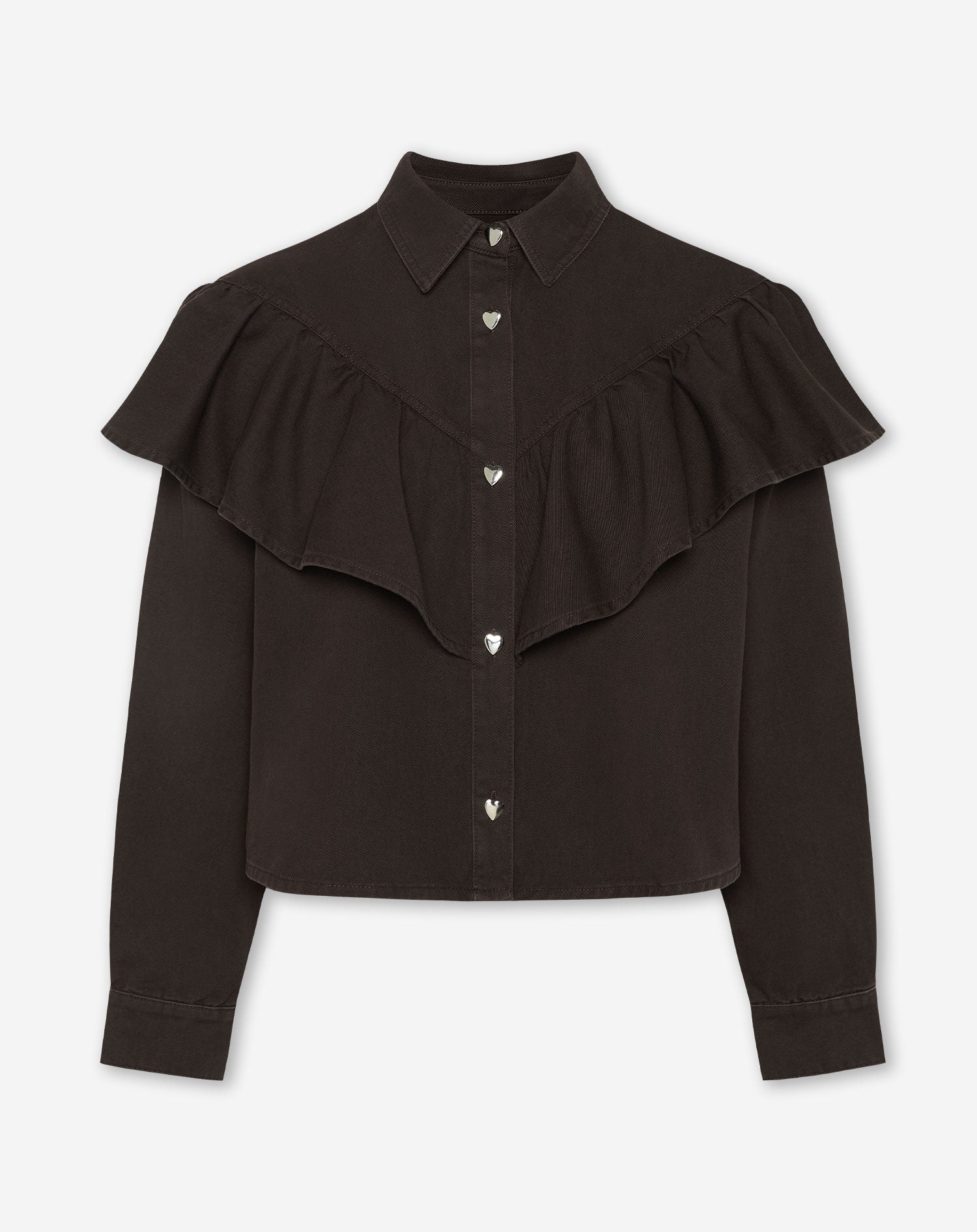 RUFFLE DENIM BLOUSE BROWN