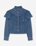 RUFFLE DENIM BLOUSE MID BLUE