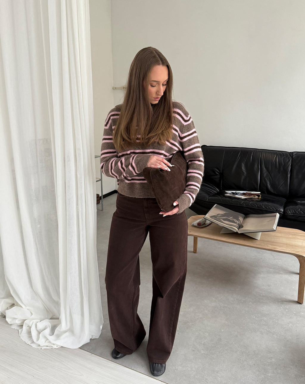 FLOWY DENIM WIDE LEG JEANS BROWN