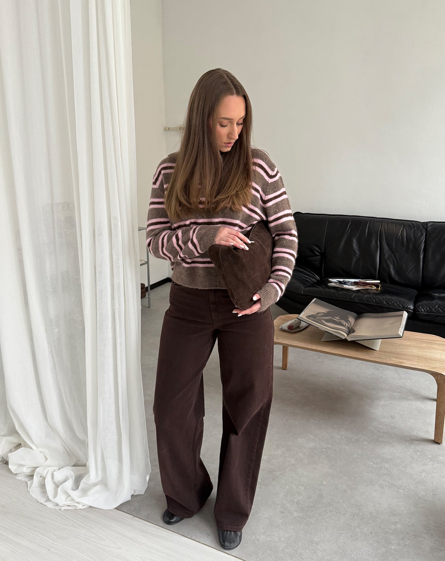 FLOWY DENIM WIDE LEG JEANS BROWN