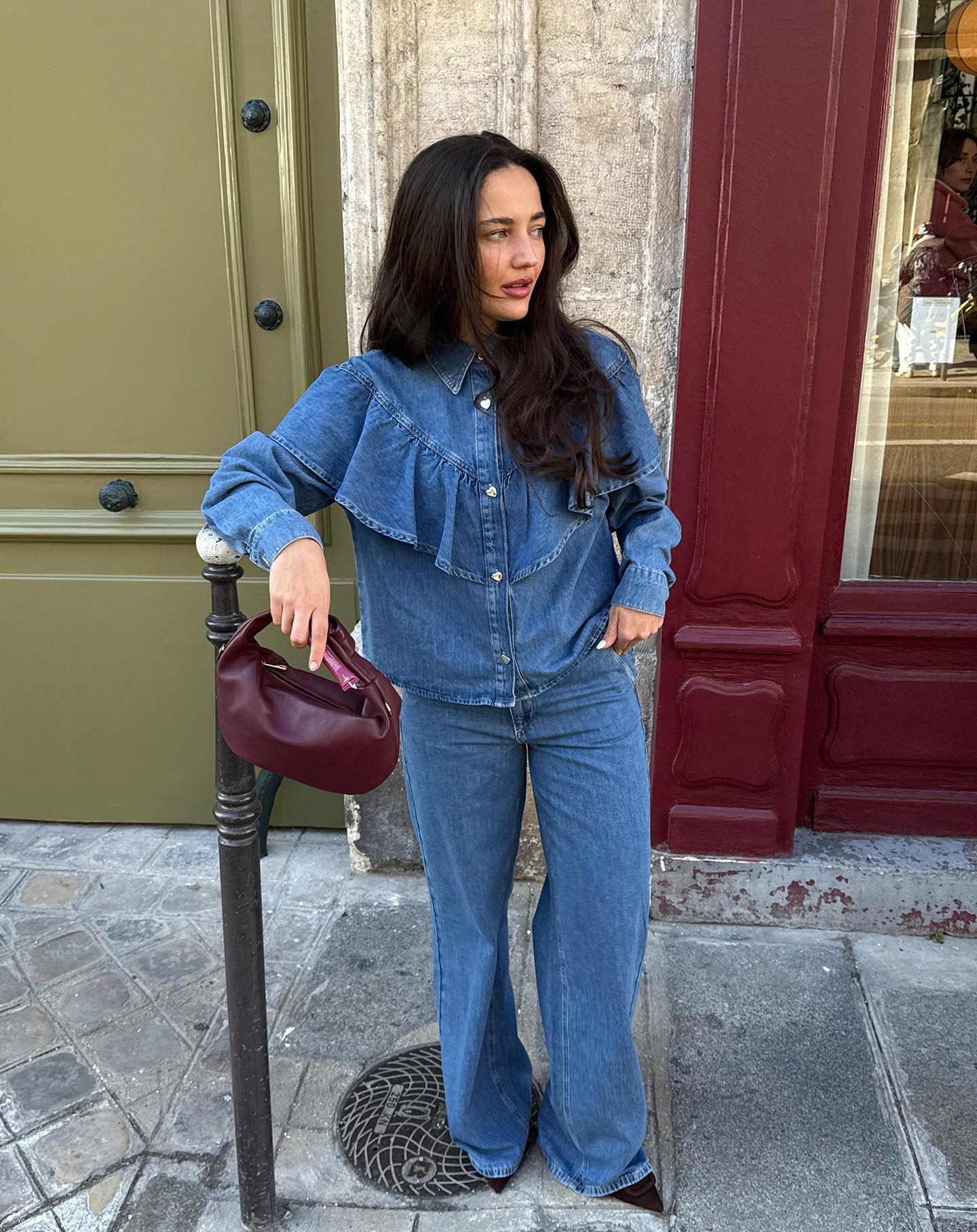 FLOWY DENIM WIDE LEG JEANS MID BLUE