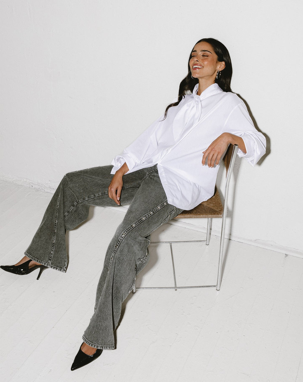 STUD SEAM WIDE LEG JEANS GREY