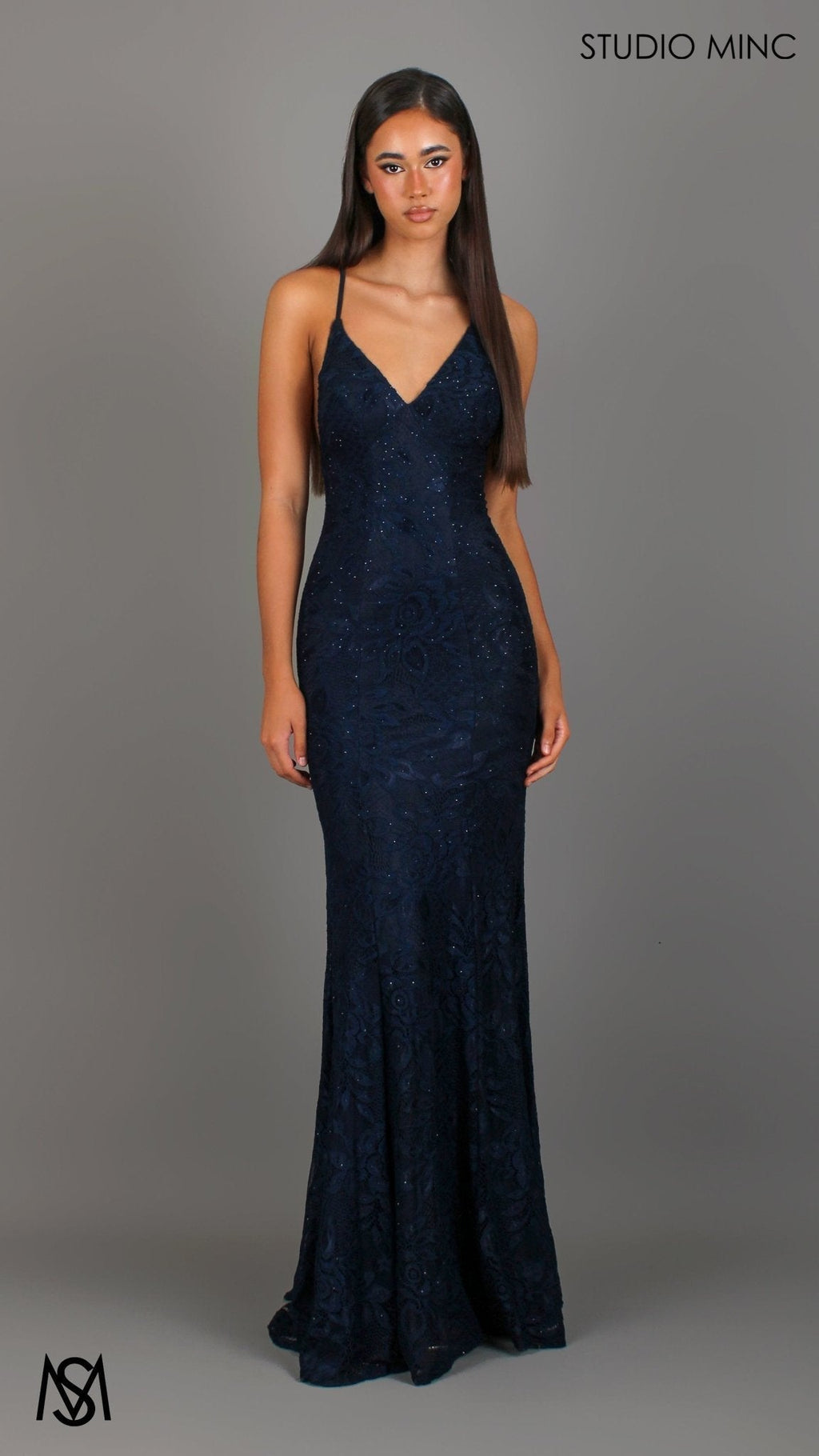 Jasmine - Navy Blue formal dress | lace V neckline fitted mermaid lace up