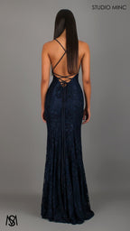 Jasmine - Navy Blue formal dress | lace V neckline fitted mermaid lace up