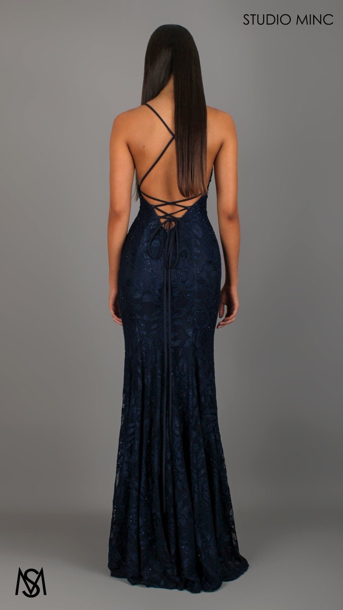 Jasmine - Navy Blue formal dress | lace V neckline fitted mermaid lace up