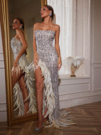 Nelya Glamorous Strapless Dress with Feather Accents and Side Split