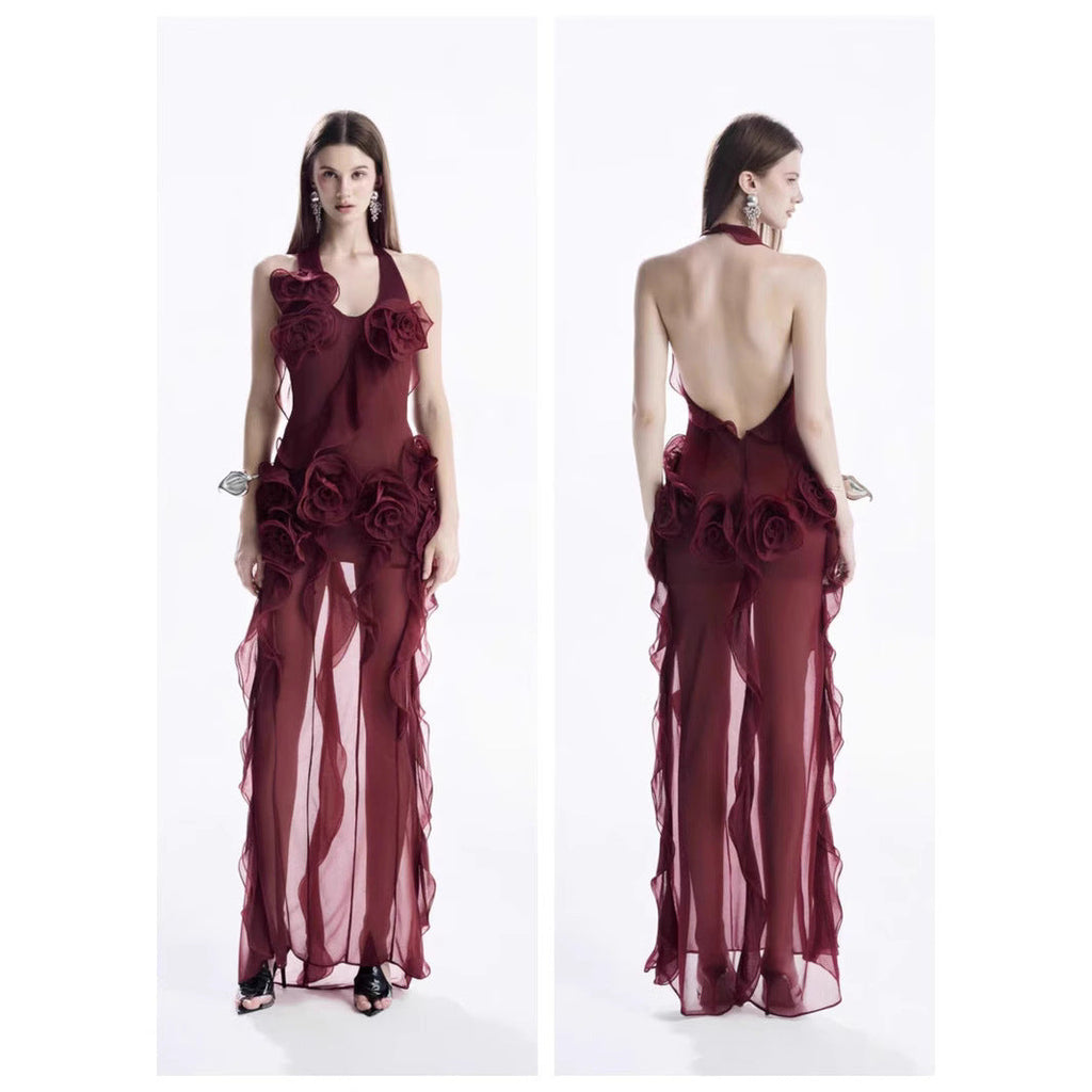 Hibiscus Chic French Floral Halter Neck Backless Bodycon Mini Dress