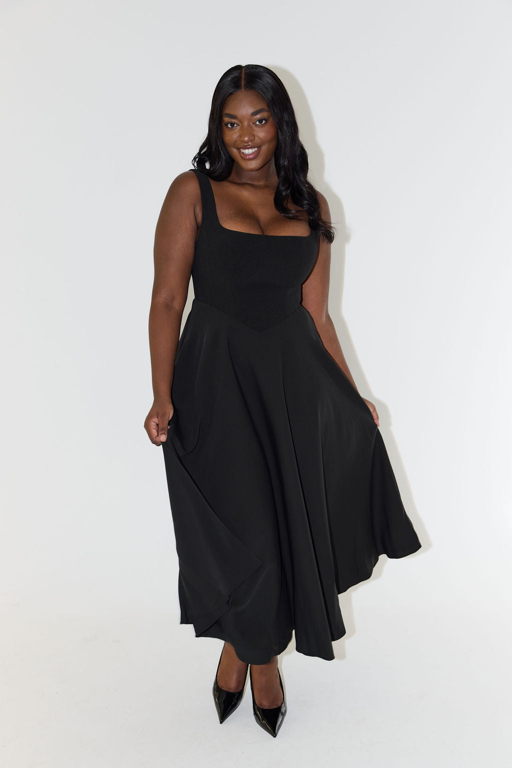 Celestia  High Waist Square Neck Midi Dress | Black