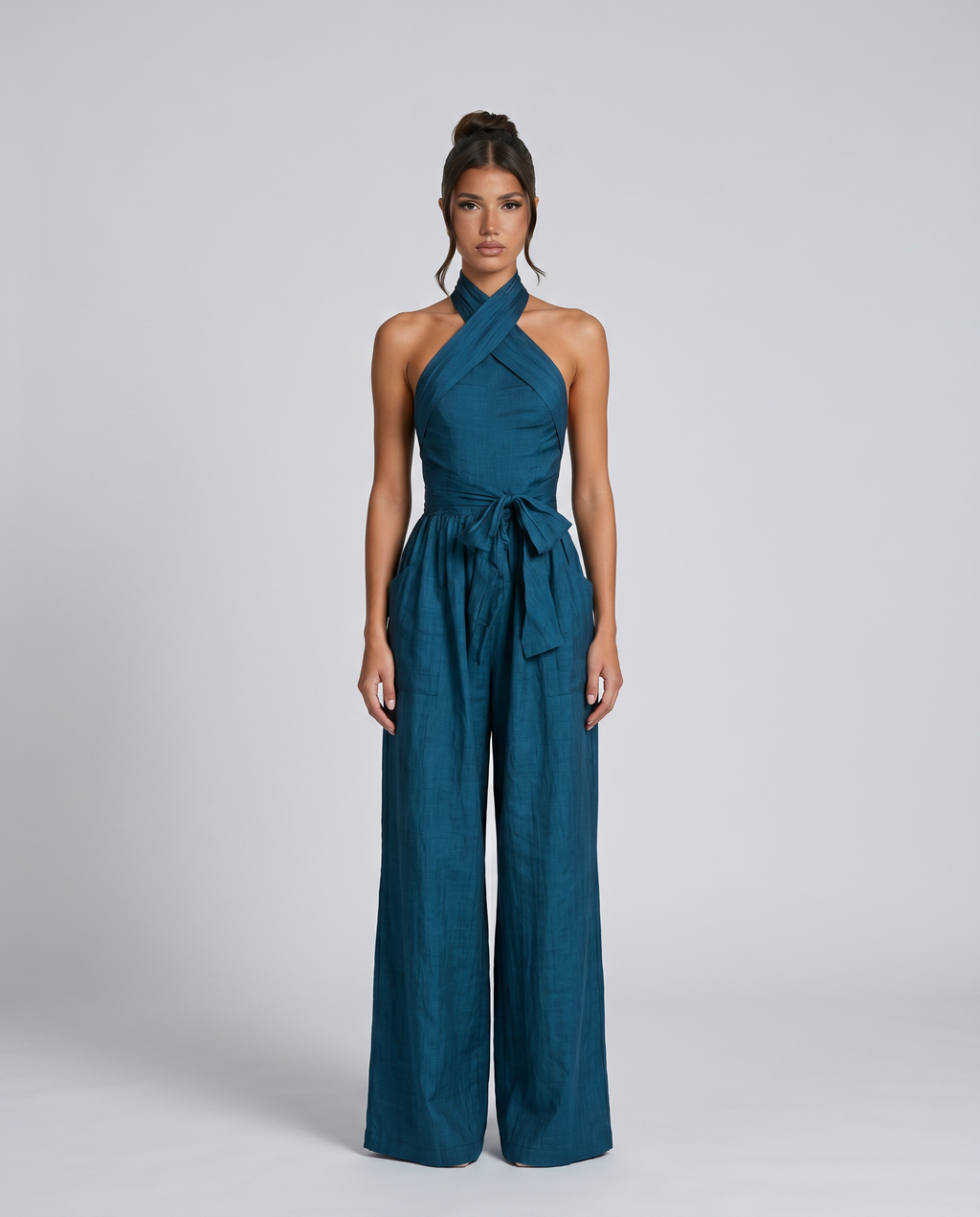 Hallie | Cross Halter Linen  Wide-Leg Jumpsuit