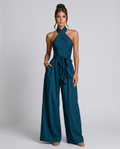 Hallie | Cross Halter Linen  Wide-Leg Jumpsuit