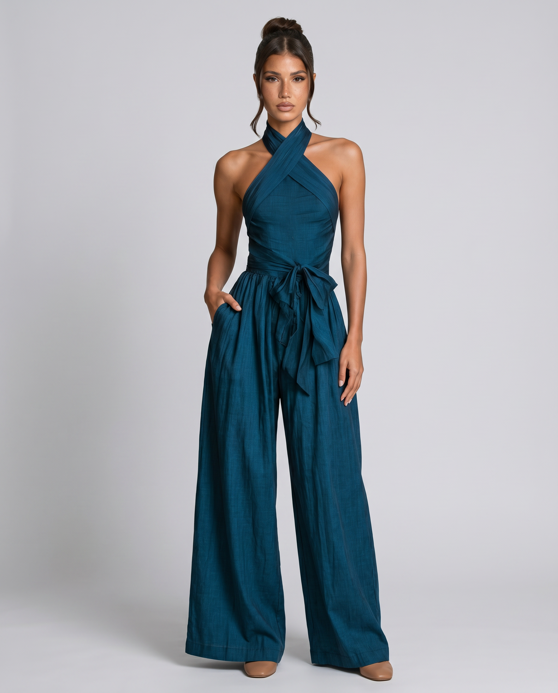 Hallie | Cross Halter Linen  Wide-Leg Jumpsuit