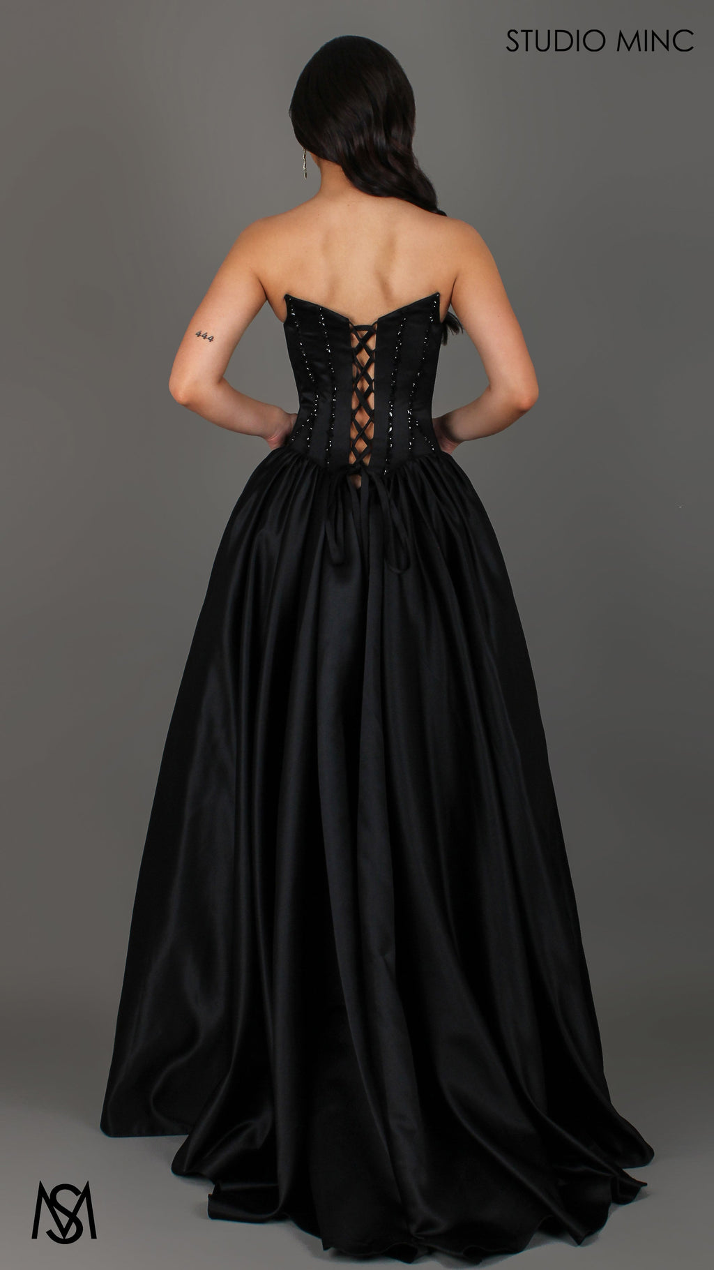 Palais - Black Formal Dress, drop waist gown hand beaded, basque waist corset