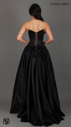 Palais - Black Formal Dress, drop waist gown hand beaded, basque waist corset