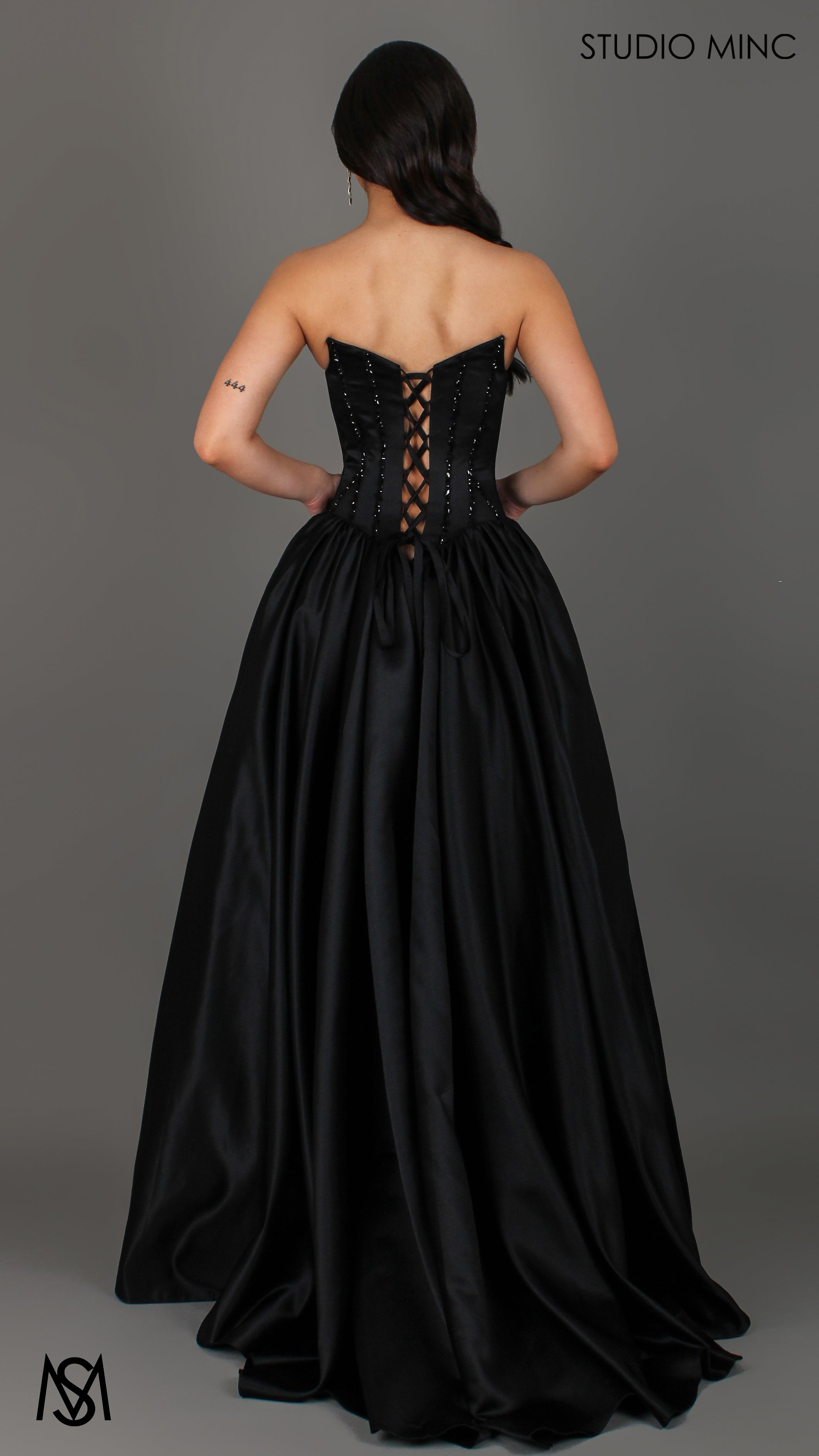 Palais - Black Formal Dress, drop waist gown hand beaded, basque waist corset