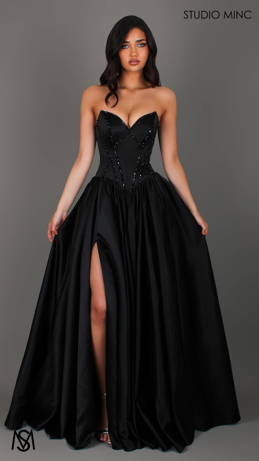 Palais - Black Formal Dress, drop waist gown hand beaded, basque waist corset
