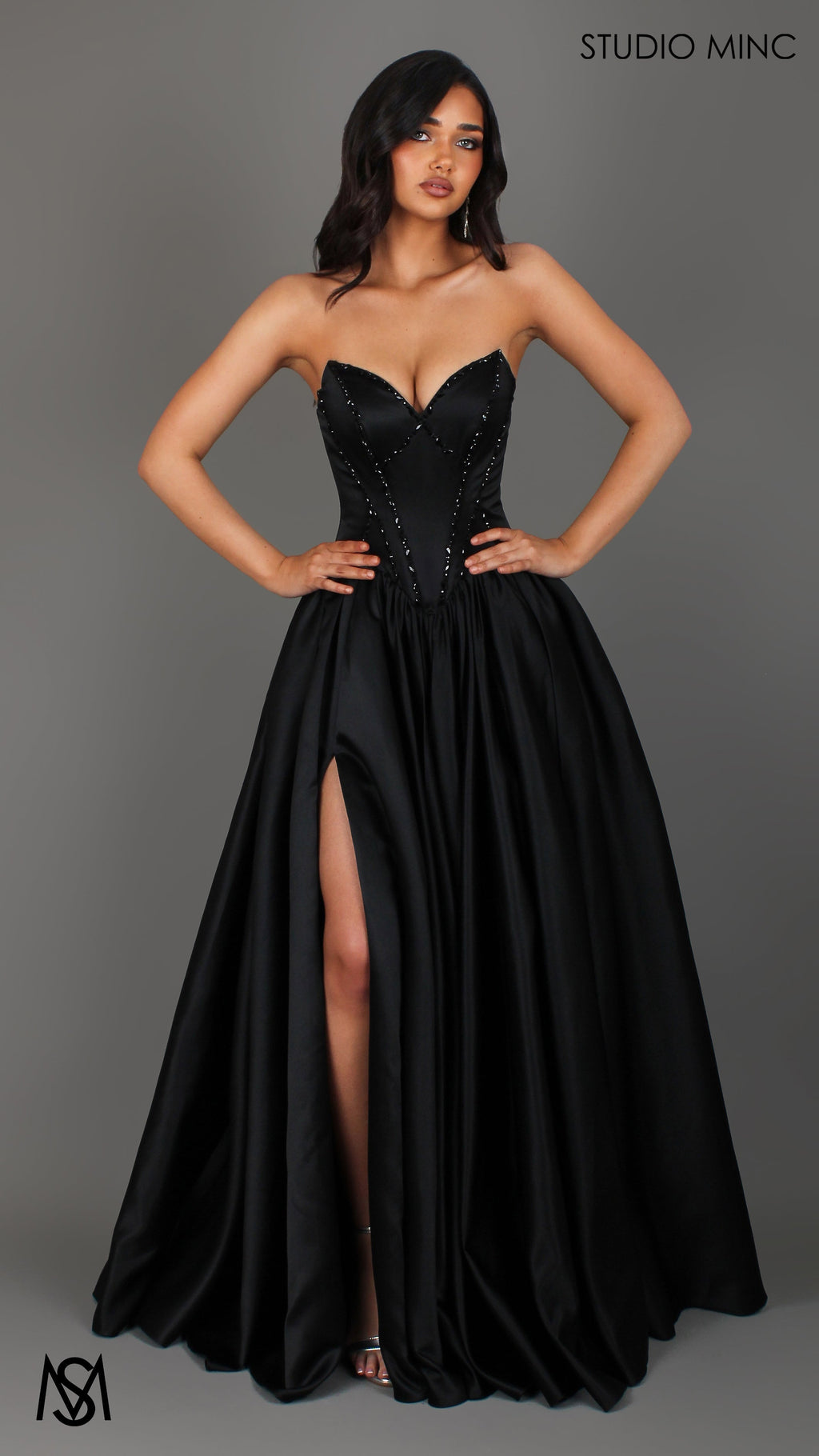 Palais - Black Formal Dress, drop waist gown hand beaded, basque waist corset