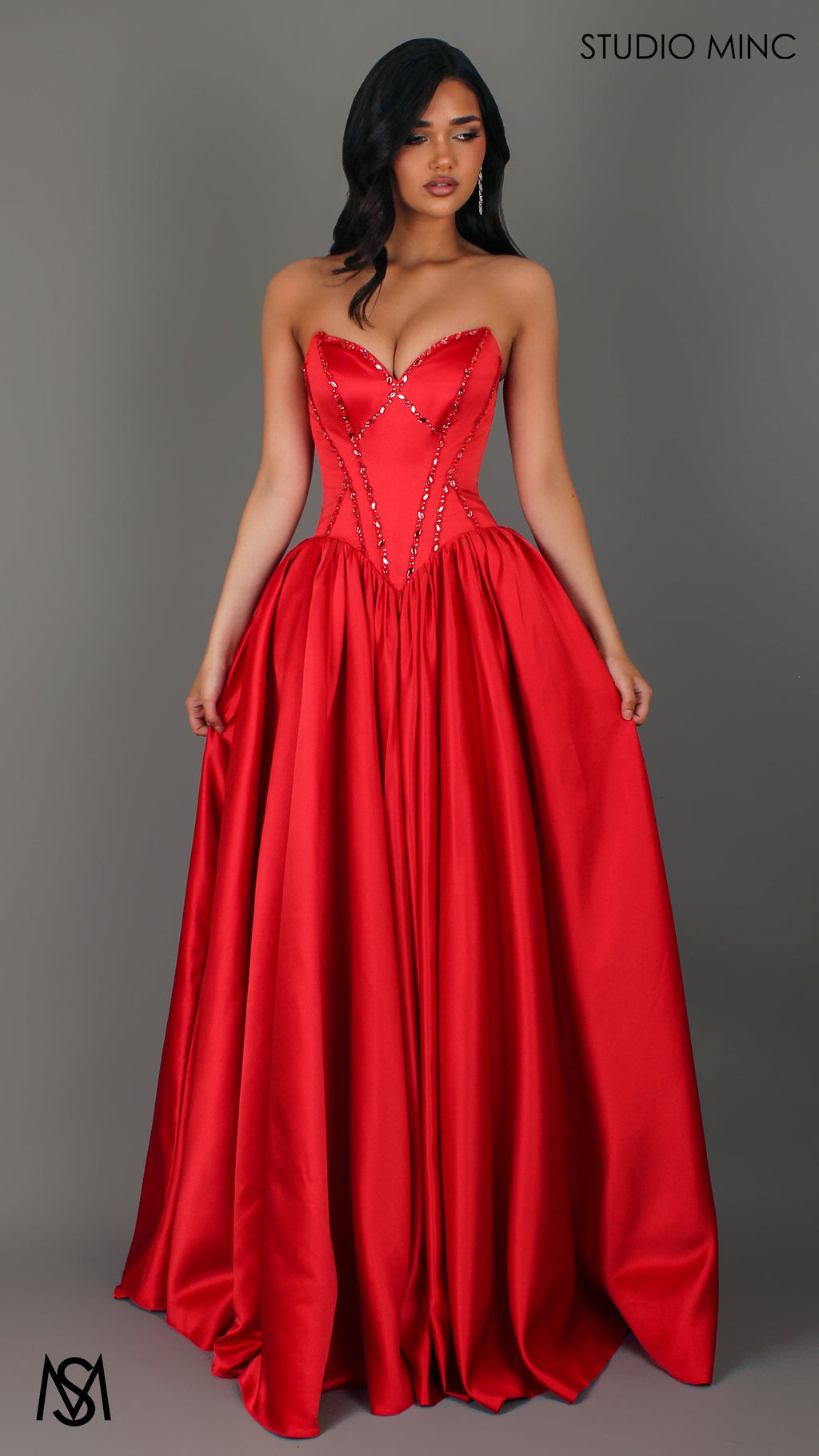 Palais - Red Formal Dress, drop waist gown hand beaded, basque waist corset